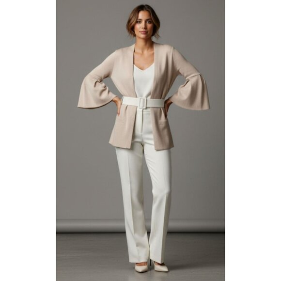 NWT Maria Bellentani Bell Sleeve Two-Button Front Cardigan Beige M - Picture 1 of 14